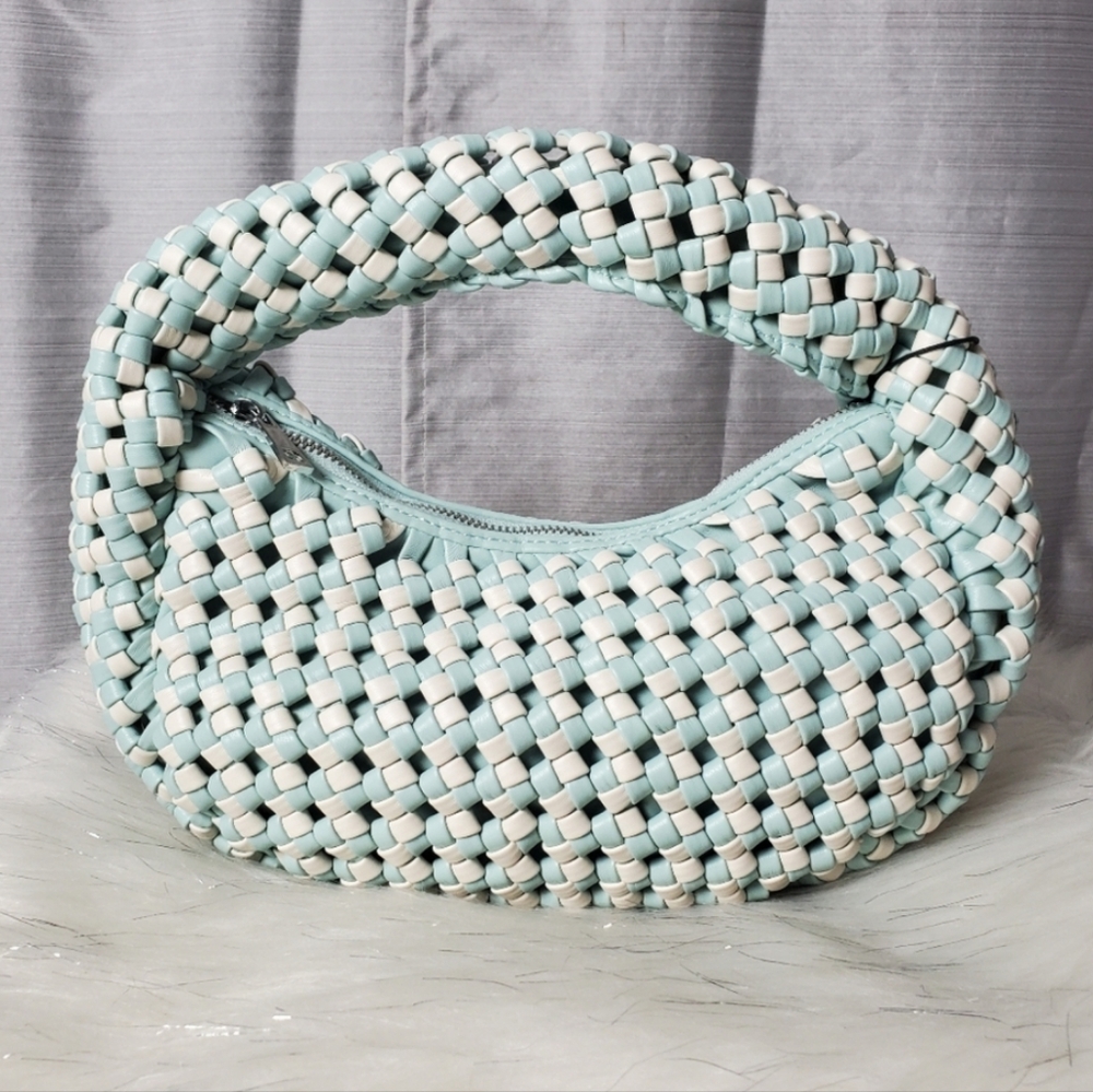 Woven Blue & White Vegan Leather Shoulder Bag Faux Leather Sincerely Jules NEW
